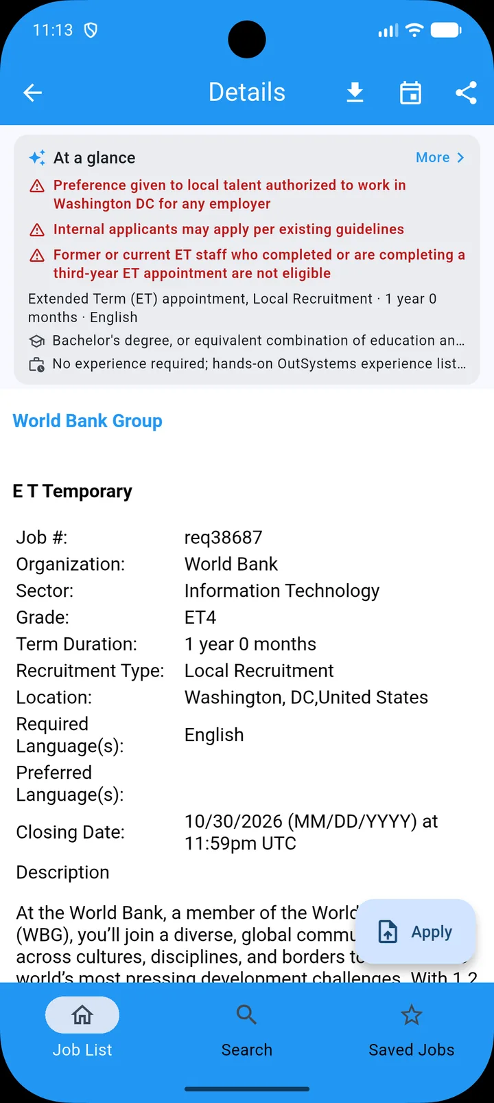 Job details with the At a glance summary