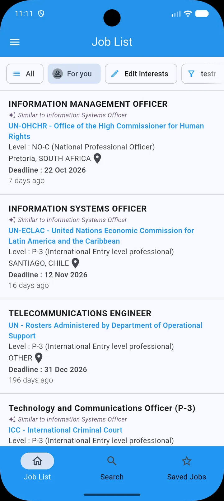 The For you job list in the app