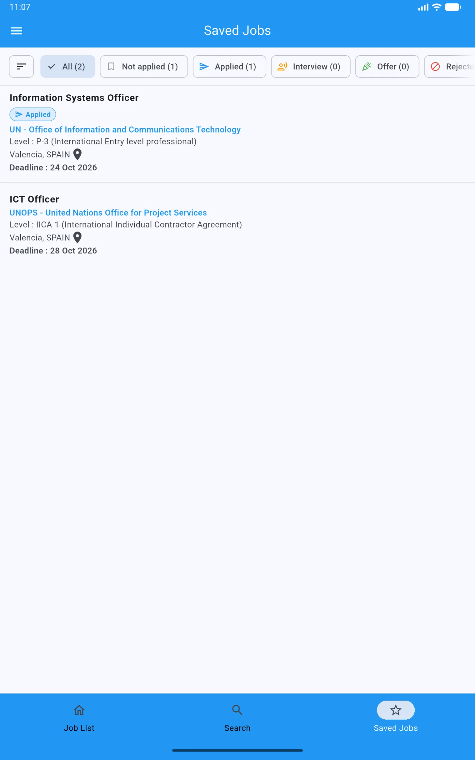 Saved jobs with application status filters on a tablet